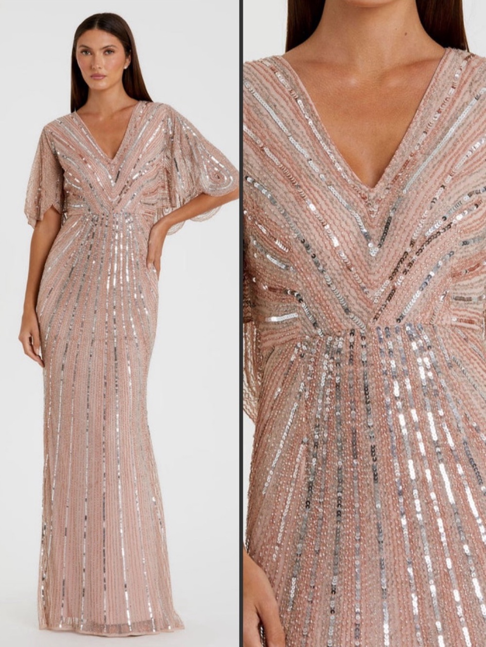 NWT MAC Duggal 93583 Pink Sequined V Neck Cape Sleeve Column Gown Size 12